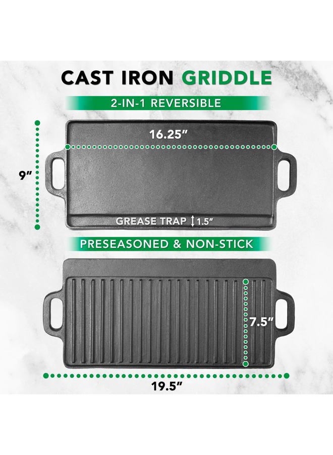 ProSource 2-in-1 Reversible 19.5” x 9” Cast Iron Griddle with Handles, Preseasoned & Non-Stick for Gas Stovetop, Oven and Open Fire. - Image 3